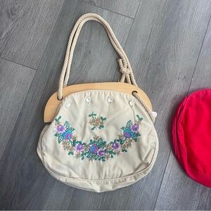 Vintage wooden handle purse with two interchangeable covers 70s boho